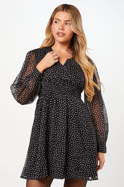 Dorothy Perkins Spot Chiffon Shirred Waist Long Sleeve Mini Dress Black