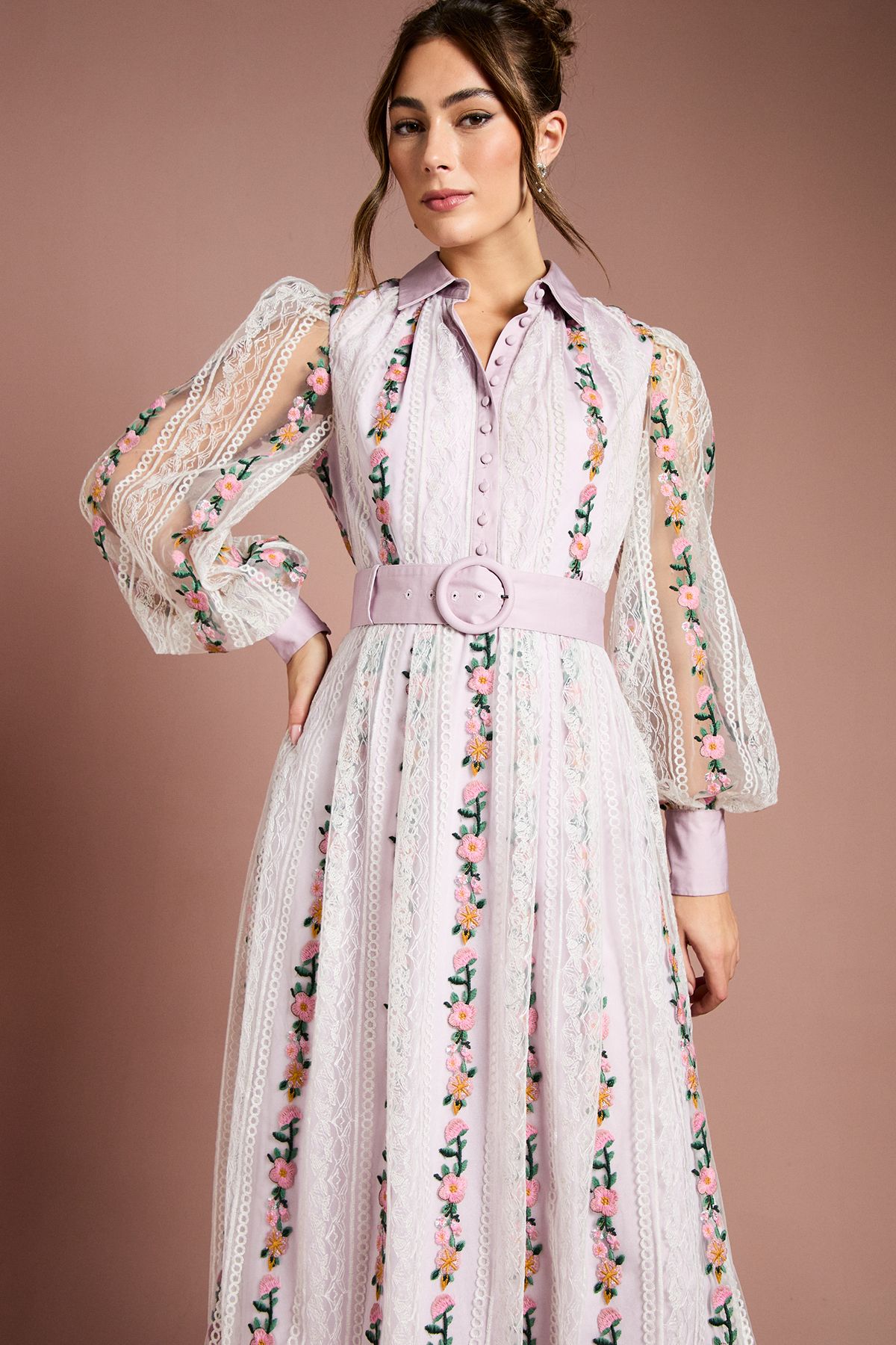 Coast Embroidered Mesh And Lace Blouson Sleeve Belted Midi Dress Lilac image 4