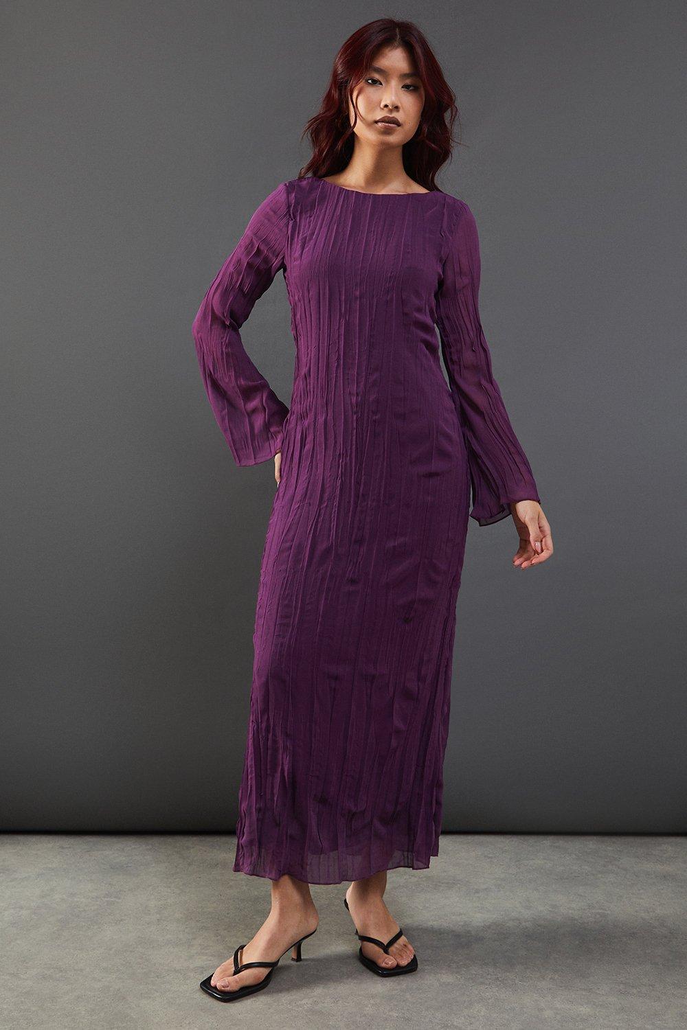 Warehouse Purple Premium Pleated Chiffon Slash Neck Column Midi Dress PrettyLittleThing