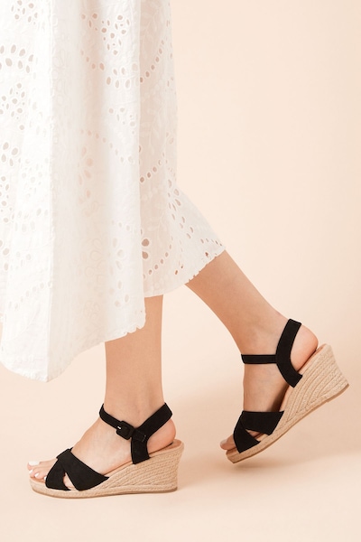 Dorothy Perkins Robbie Faux Suede Cross Strap High Espadrille Wedge Sandals Natural Black