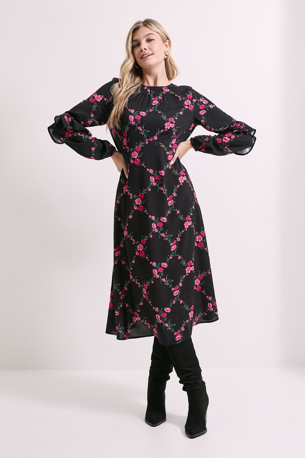 Dorothy Perkins Black Floral Ruffle Blouson Sleeve Empire Seam Midi Dress Floral image 1