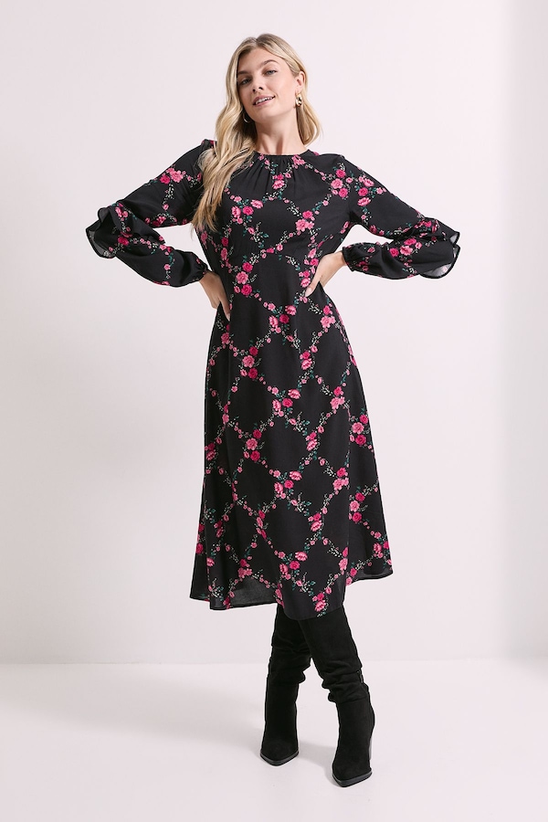 Dorothy Perkins Black Floral Ruffle Blouson Sleeve Empire Seam Midi Dress Floral