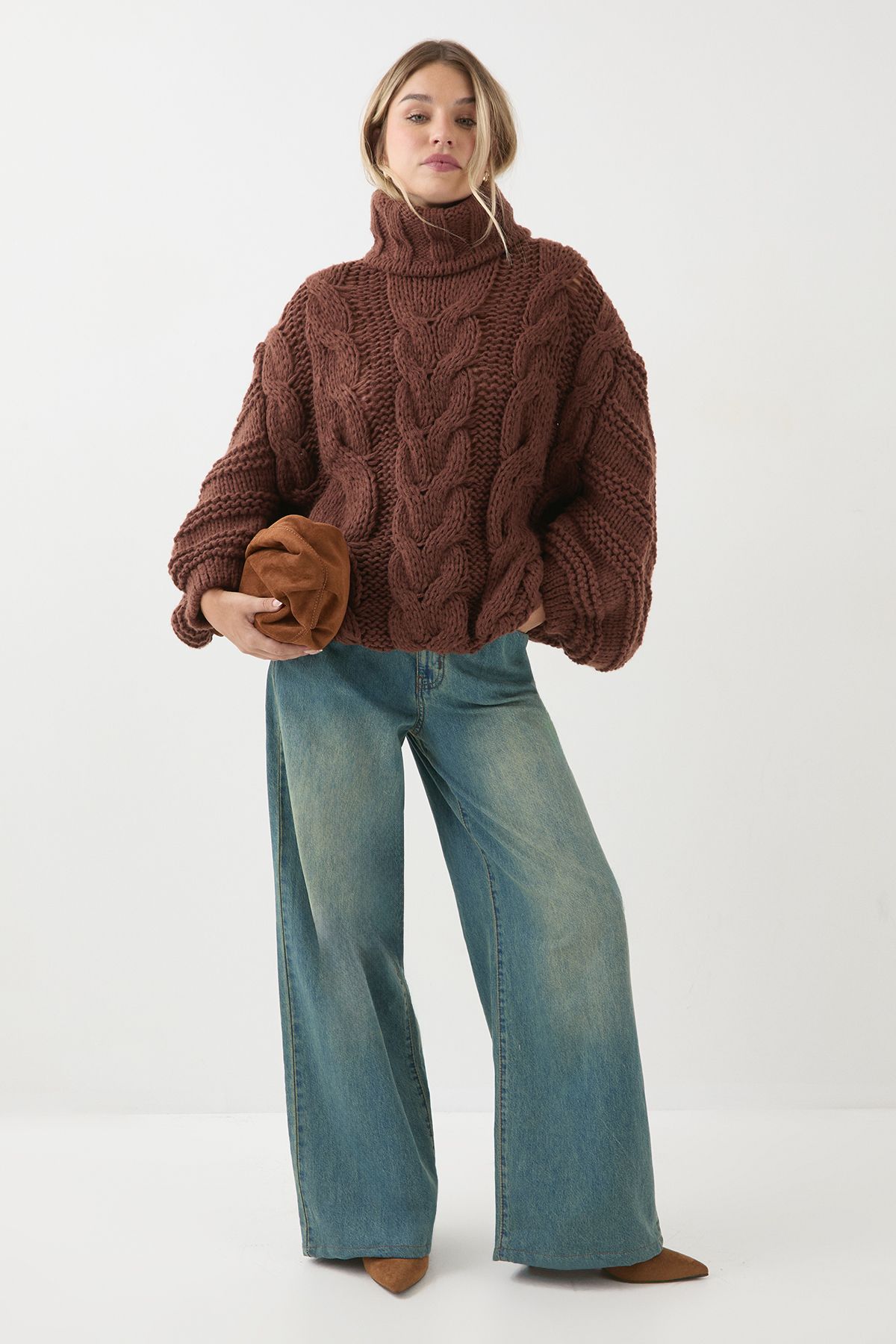 MissPap Chunky Cable Knitted Jumper Chocolate image 2