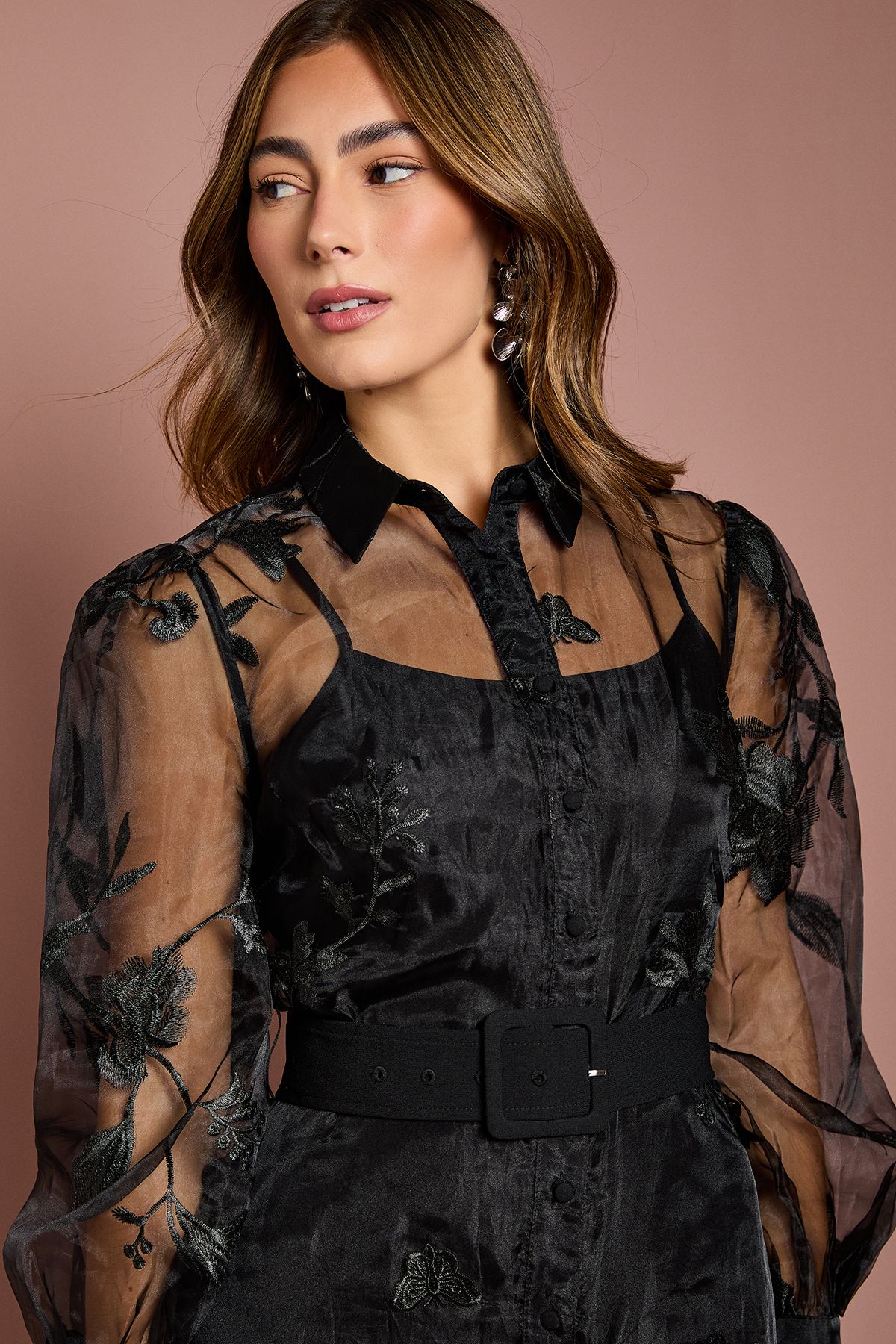 Coast Long Sleeve Embellished Organza Shirt Dress Black image 3