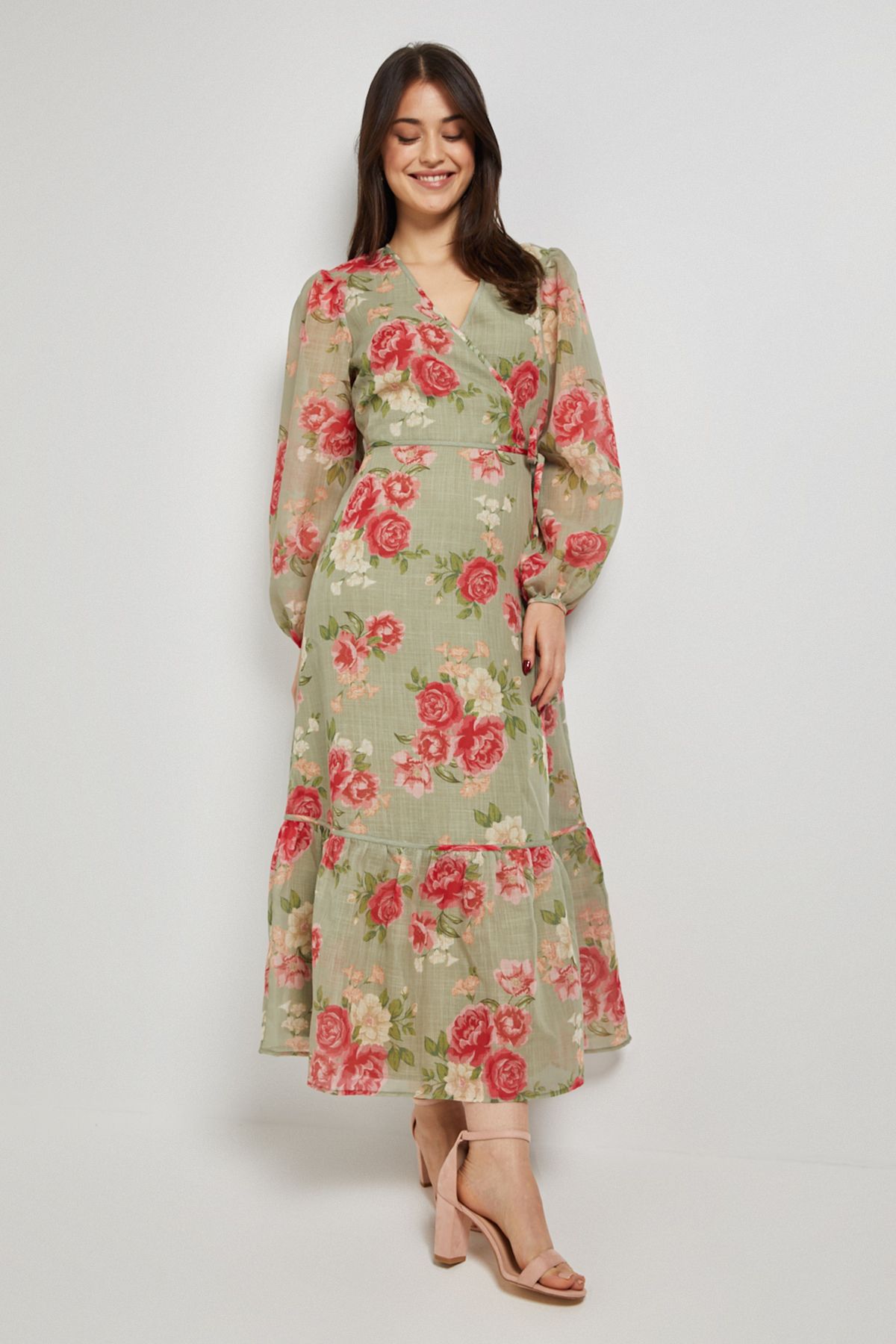 Dorothy Perkins Green Floral Printed Wrap Detail Blouson Sleeve Maxi Dress Green