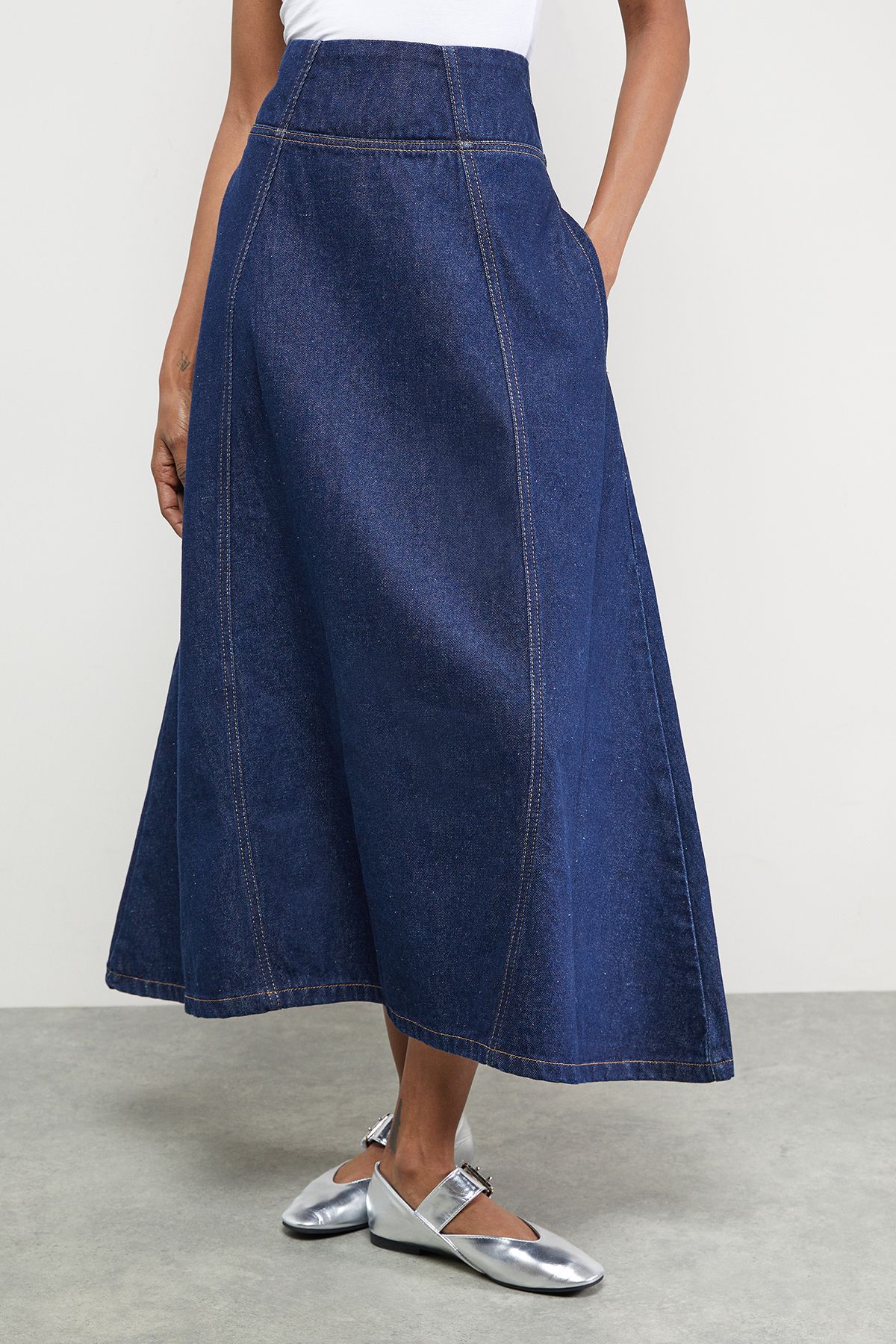 Warehouse Denim Bubble Midi Skirt Dropped Waist Co-ord Indigo image 2