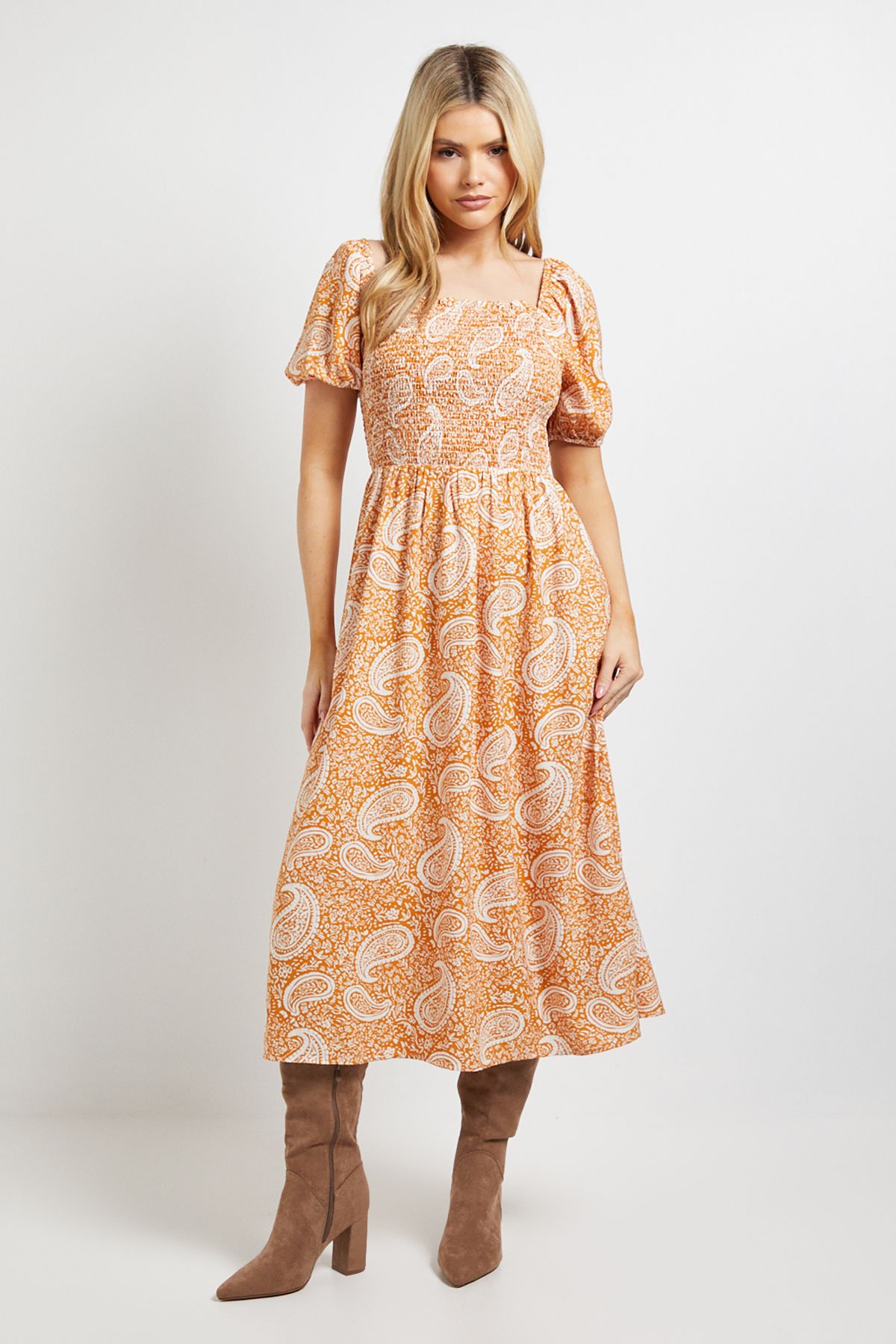 Dorothy Perkins Paisley Shirred Bodice Puff Sleeve Midi Dress Orange