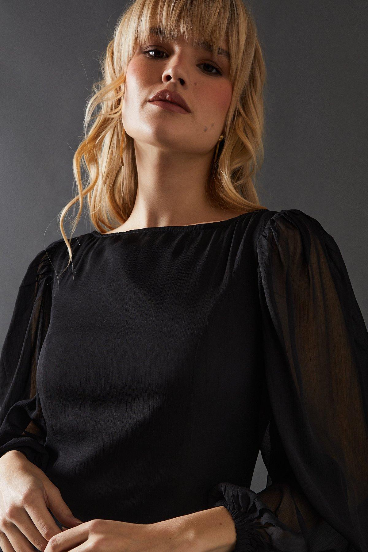 Warehouse Chiffon Long Sleeve Maxi Dress Black image 2