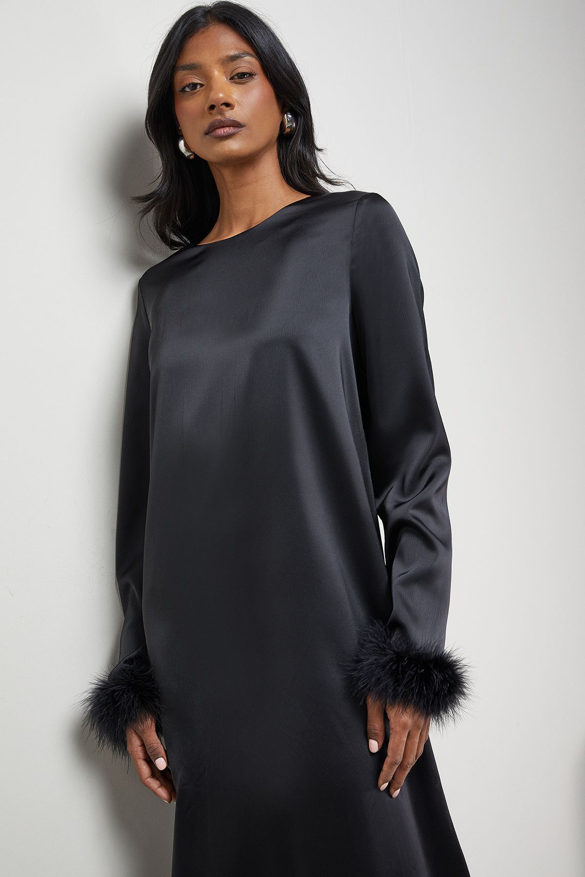 Warehouse Premium Satin Feather High Neck Swing Midi Dress Black image 2