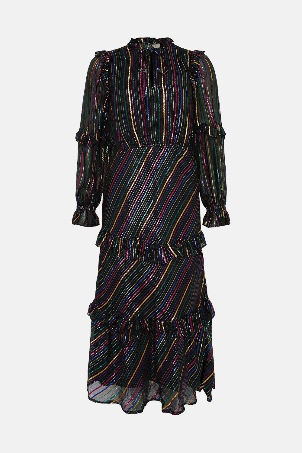 Oasis Petite Colourful Metallic Stripe Midi Dress Black image 4