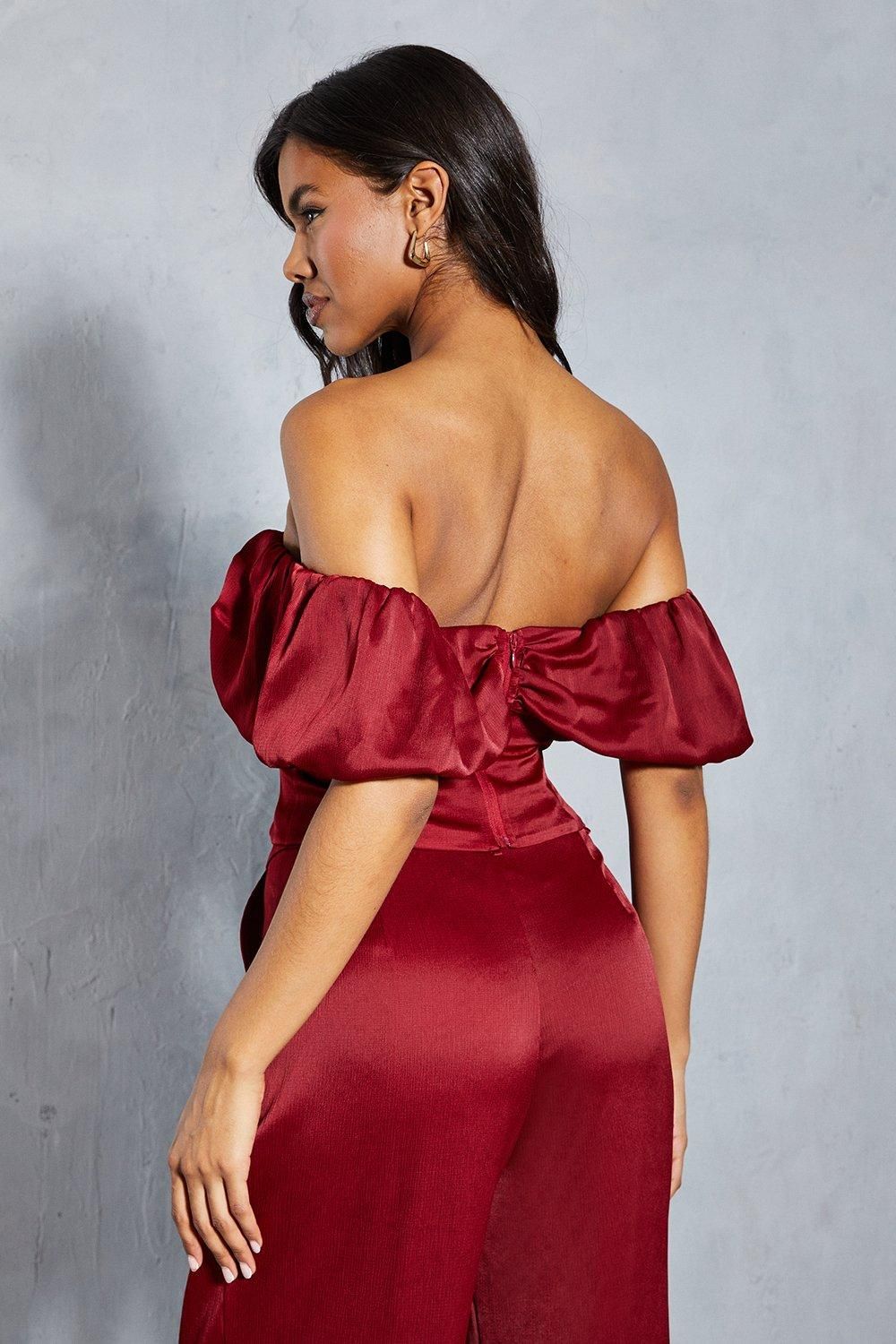 MissPap Textured Satin Pleated Bust Frill Bardot Top Berry image 3