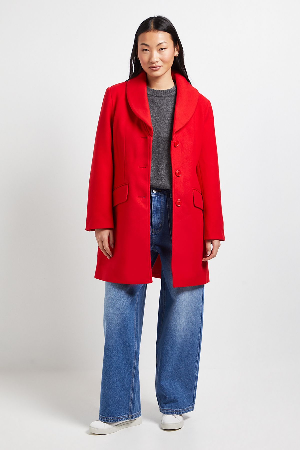 Dorothy Perkins Petite Funnel Collar Single Breasted Midi Coat Red image 1