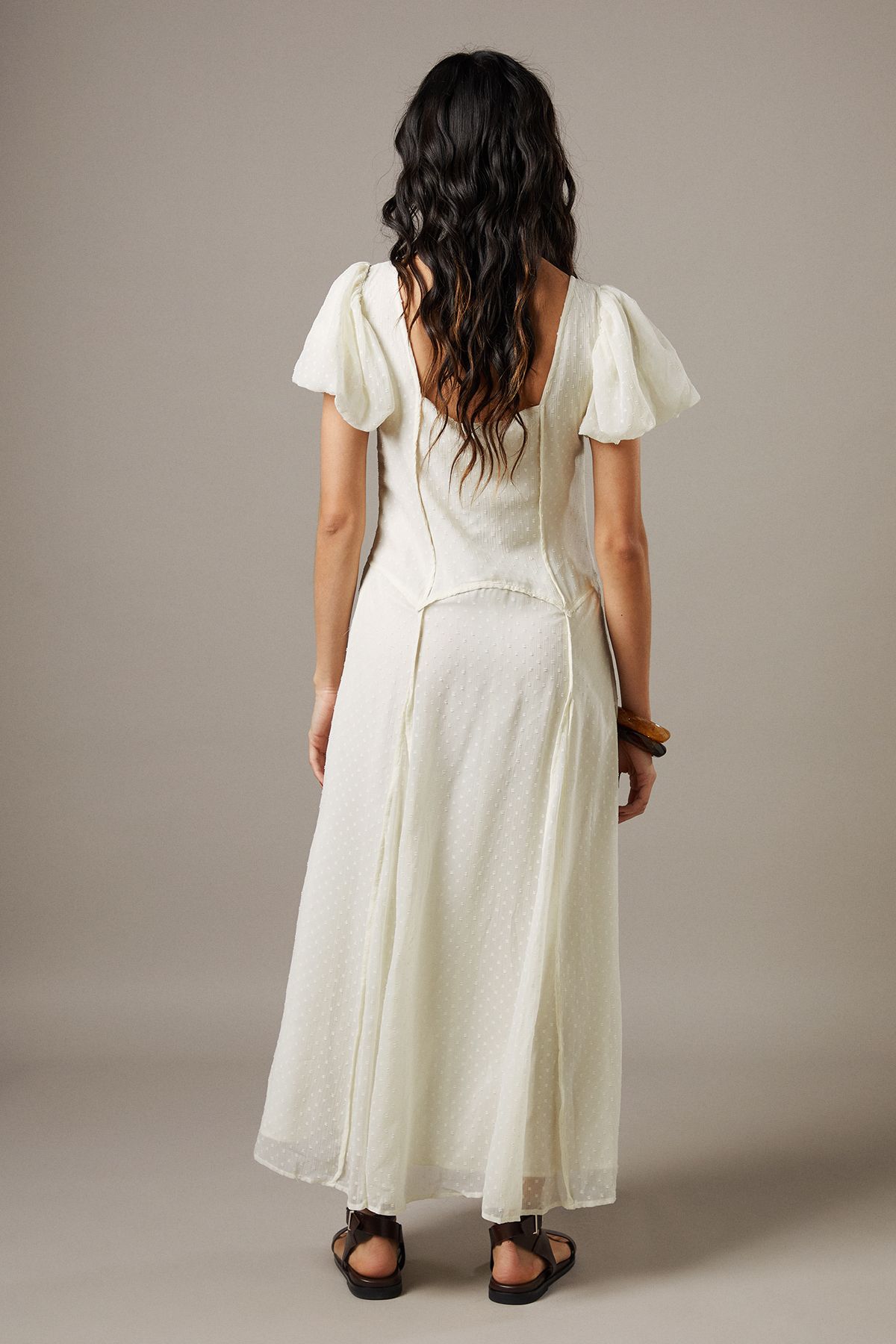 Warehouse Dobby Chiffon Button Bodice Godet Seam Midi Tea Dress Ivory image 3