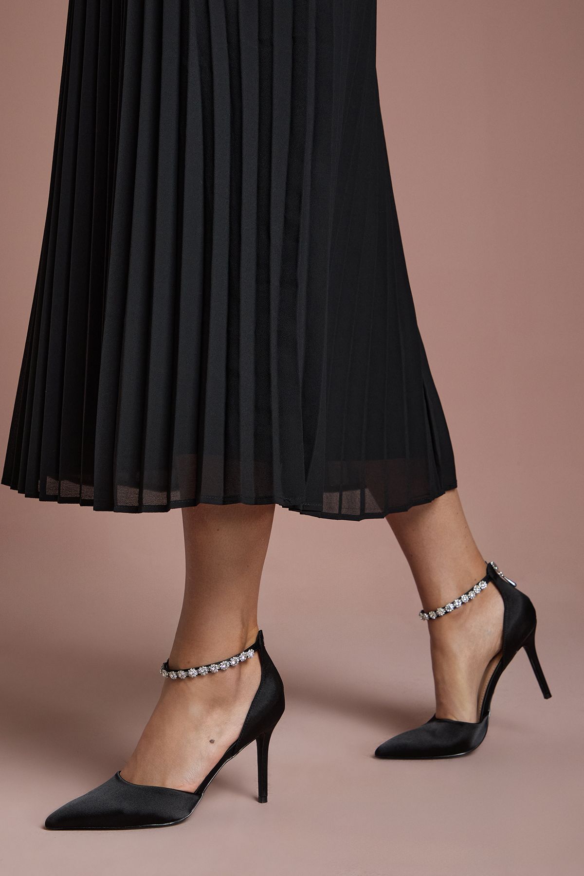 Coast Wide Fit Tatiana Satin Jewelled Anklet High Stiletto Court Shoes Black image 3