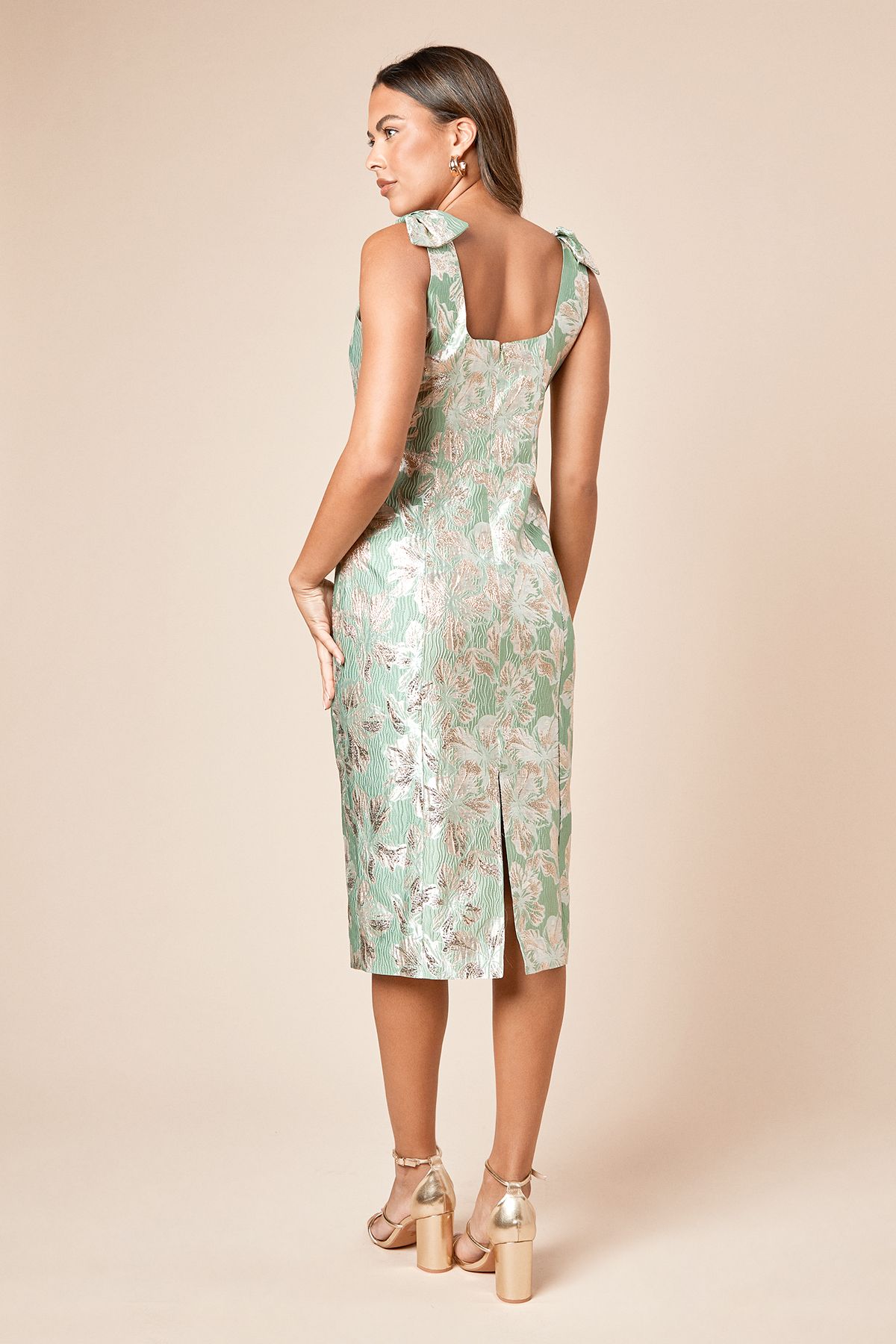 Dorothy Perkins DP Luxe Bow Shoulder Jacquard Midi Dress Green image 4