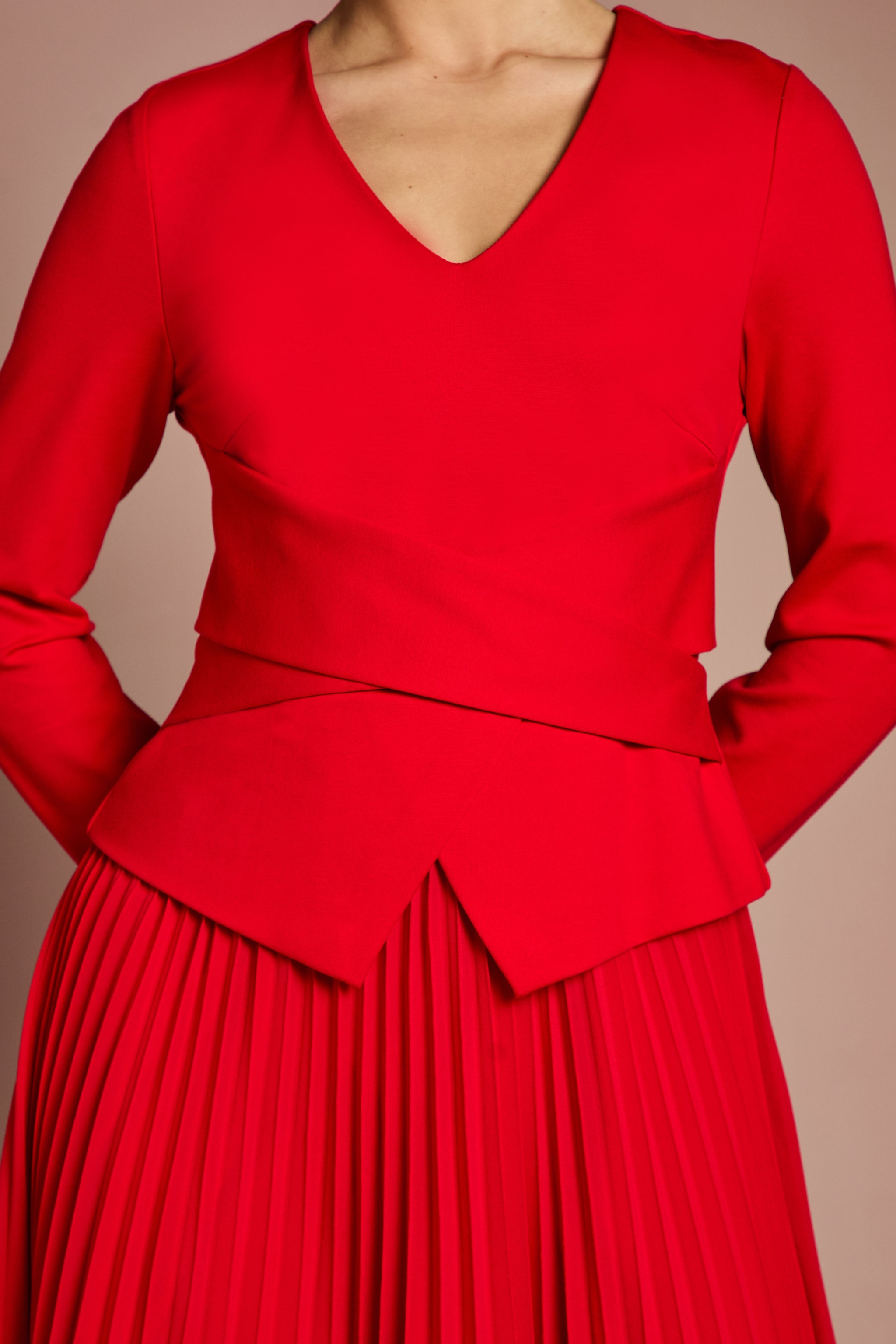 Coast Lisa Tan Long Sleeve Ponte Bodice With Pleated Skirt Midi Dress Red image 4