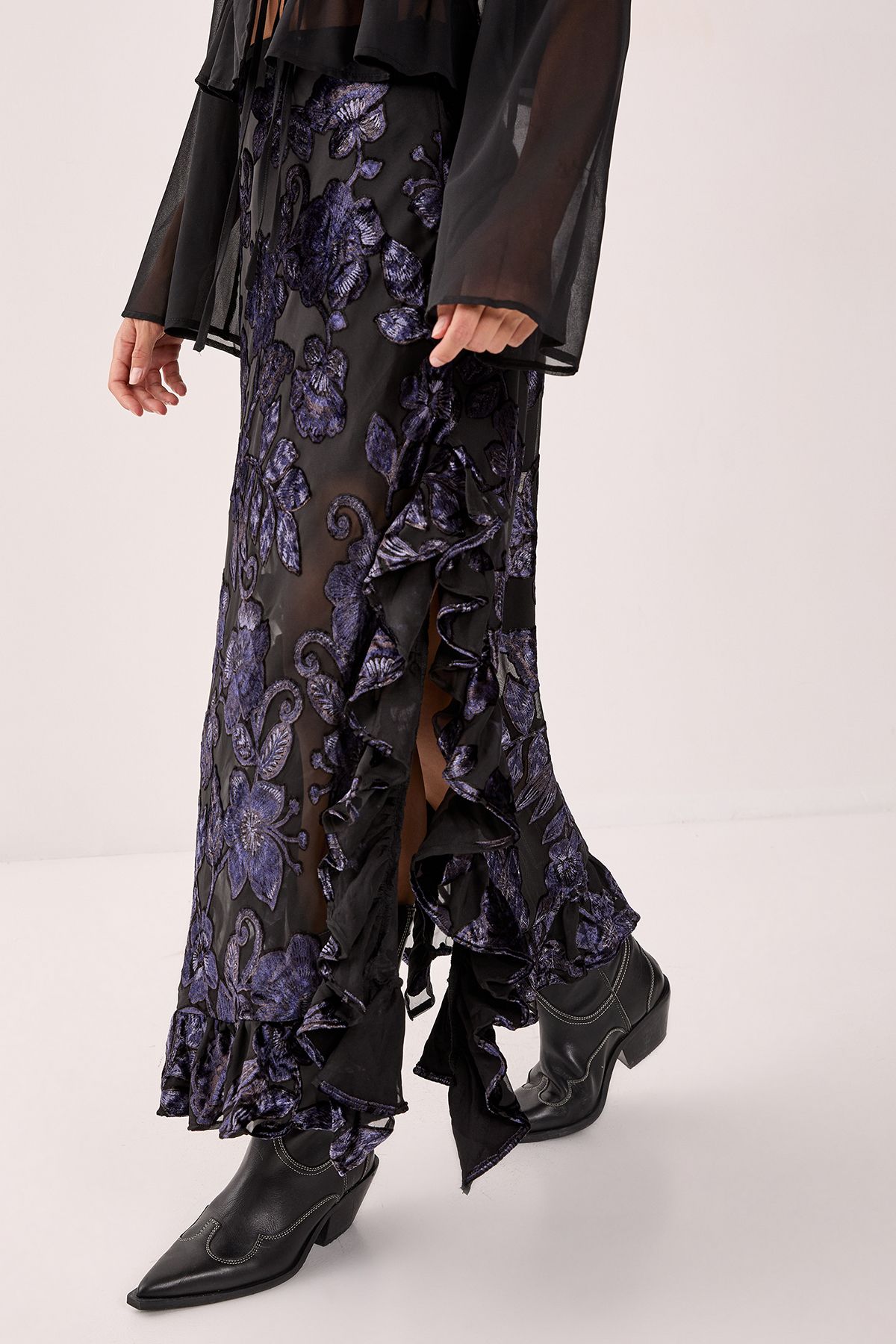 NastyGal Floral Devore Ruffle Maxi Skirt Black image 2