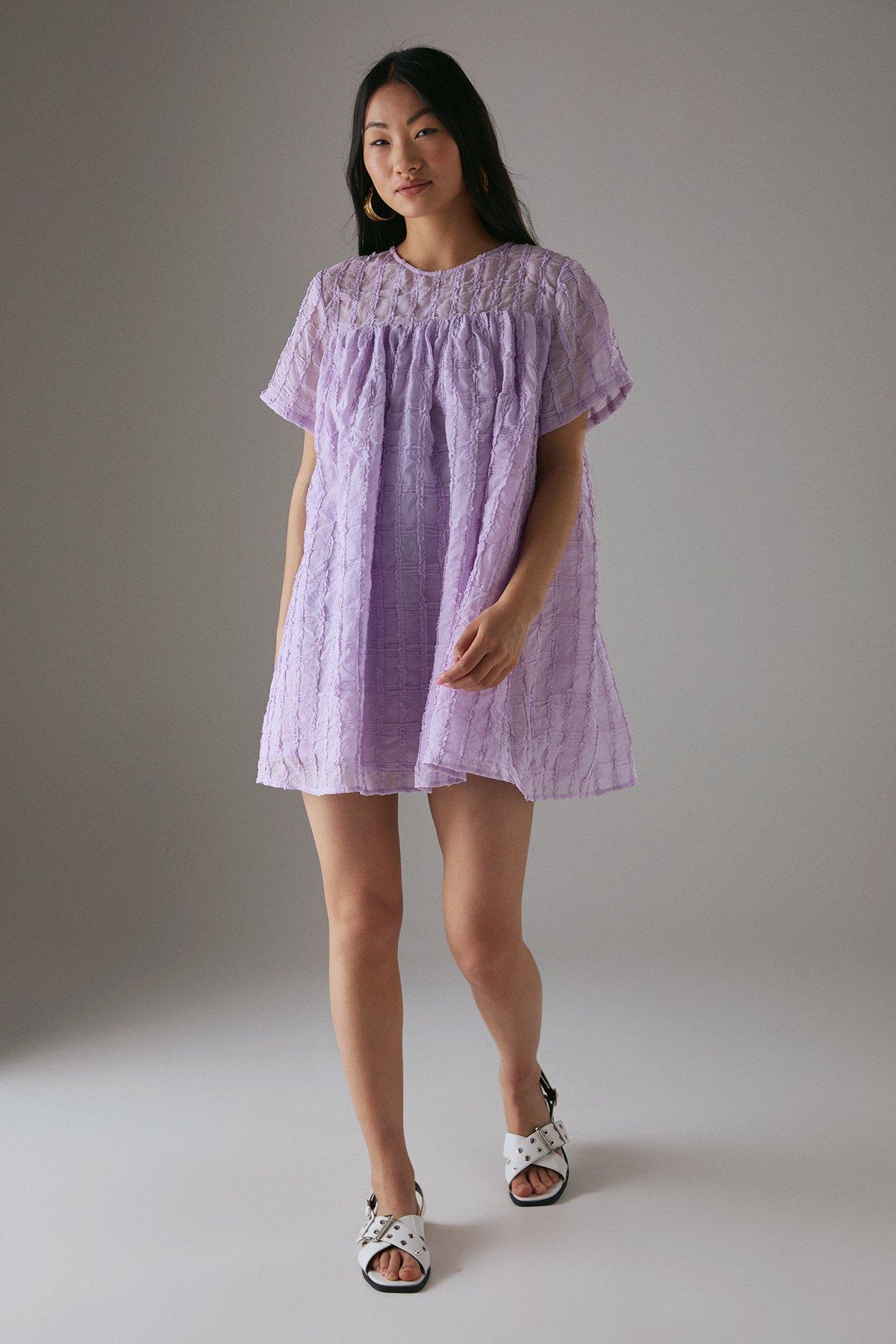 Warehouse Petite Ruffle Organza Babydoll Mini Smock Dress Lilac image 2