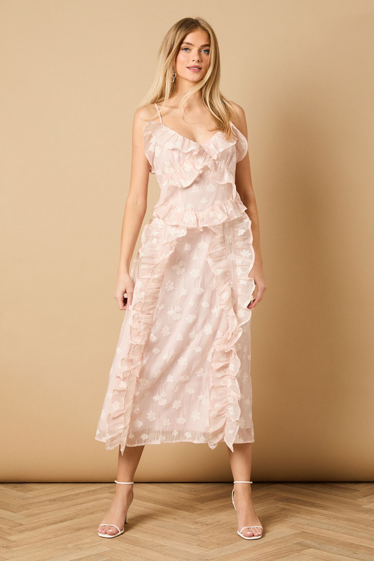 Oasis Ruffle Front V Neck Strappy Midi Dress Pink