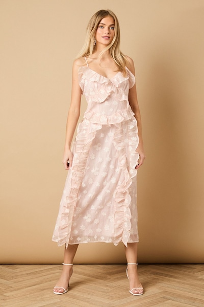 Oasis Ruffle Front V Neck Strappy Midi Dress Pink