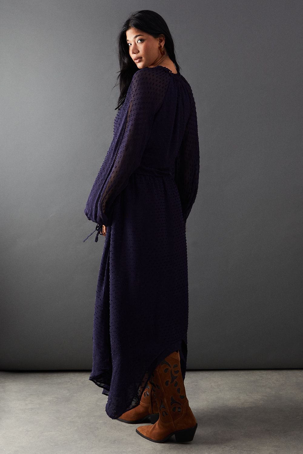 Warehouse Tufted Dobby Chiffon Button Front Tie Neck Hanky Hem Midi Dress Navy image 3