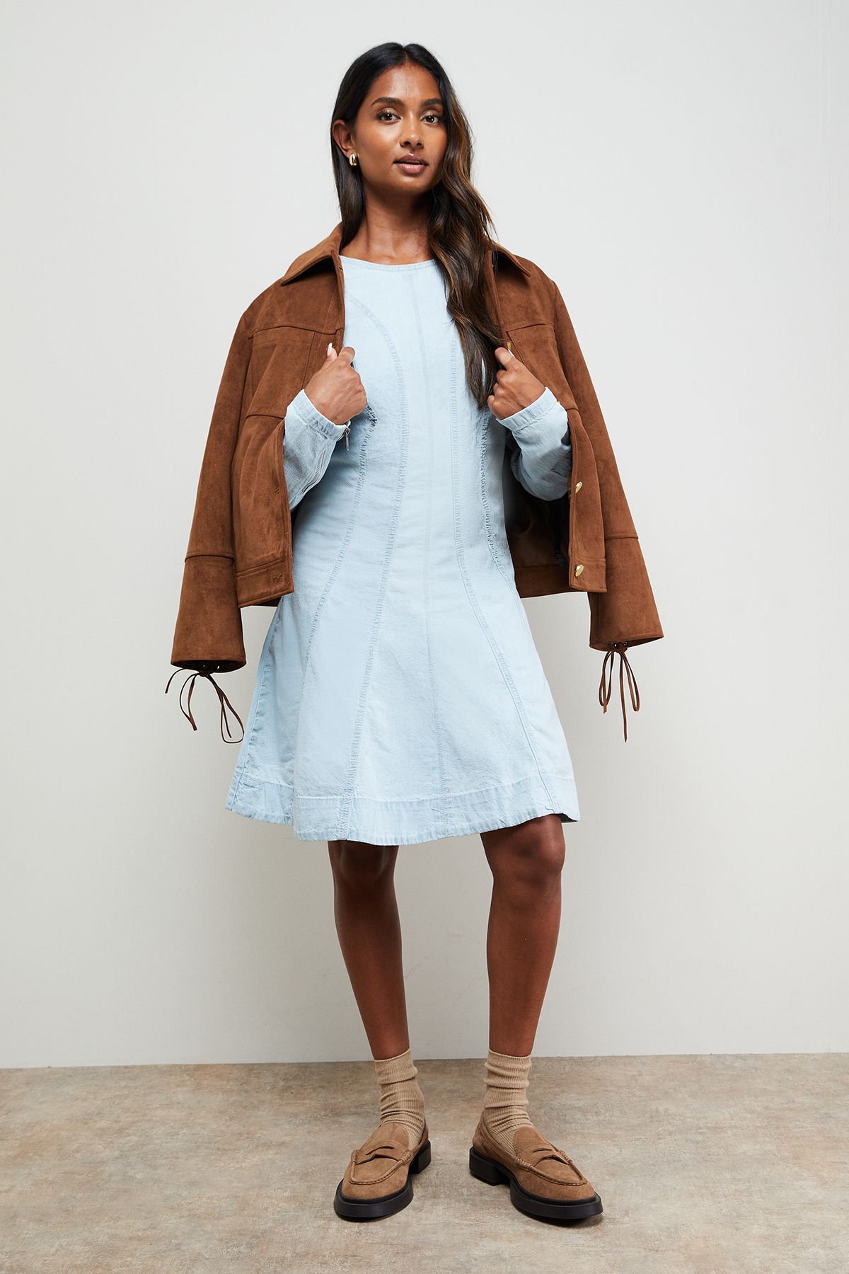 Oasis Denim Long Sleeved Skater Skirt Mini Dress Mid Wash image 1