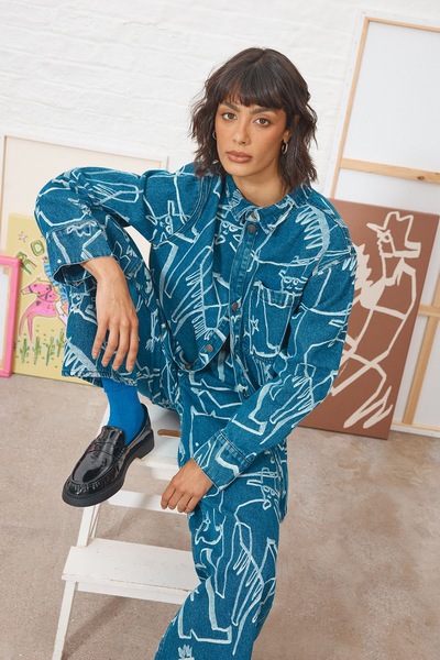 Warehouse Tony Oversized Printed Denim Shirt Co-ord Mid Blue