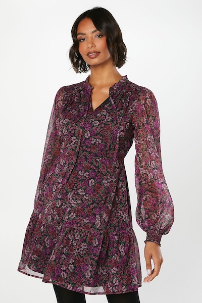 Dorothy Perkins Pink Floral Chiffon Ruffle Hem Long Sleeve Mini Dress Floral