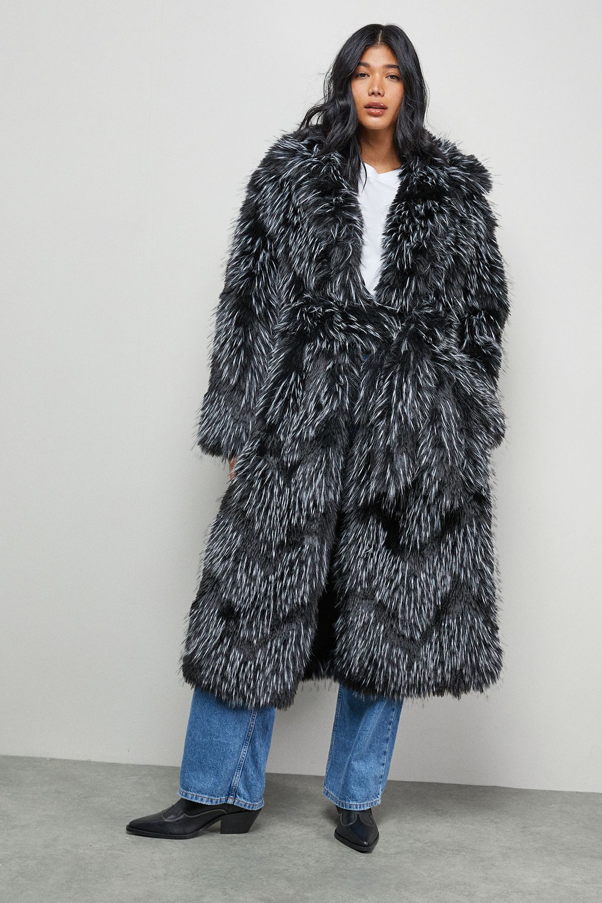 Warehouse Faux Fur Two Tone Coat Mono image 1