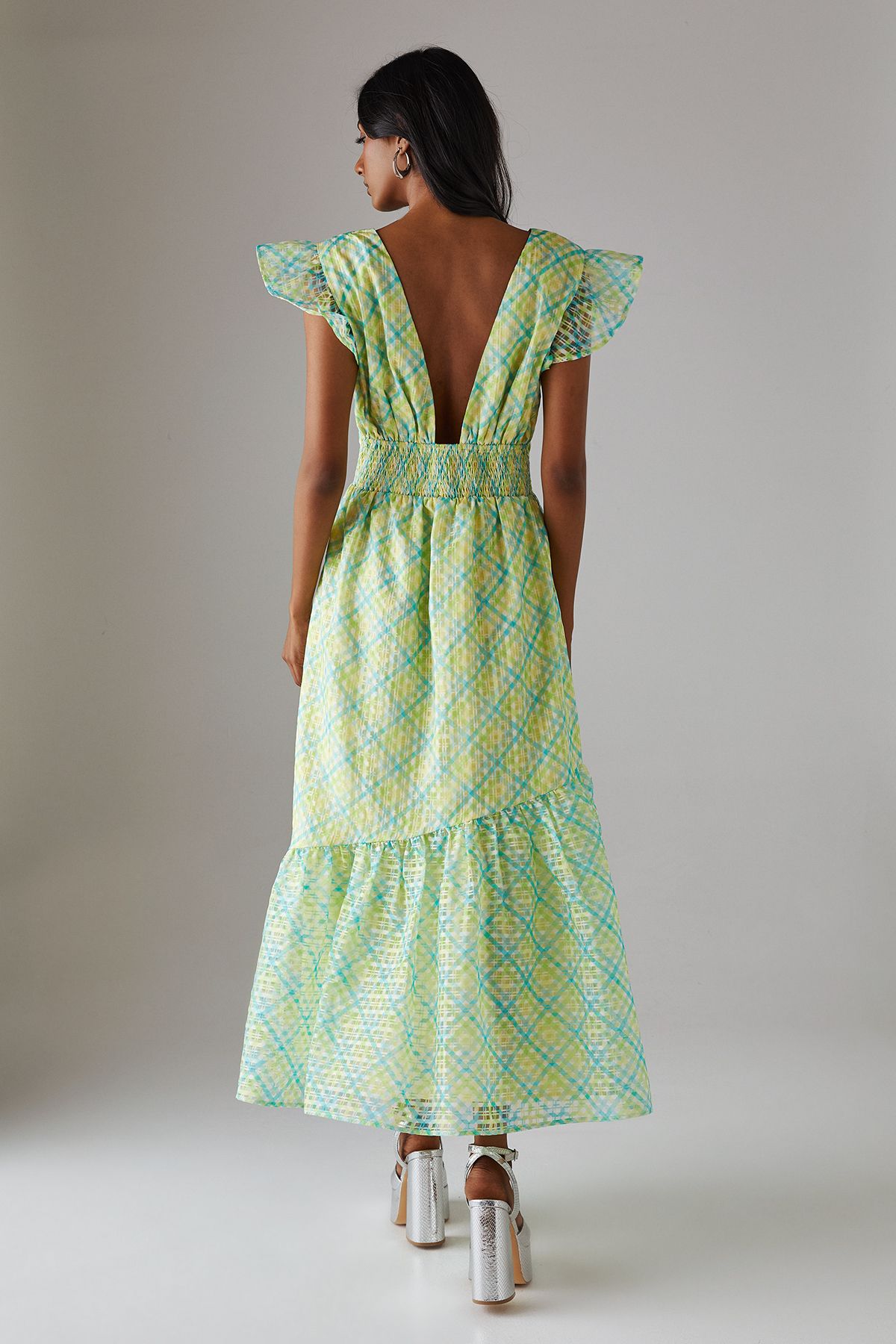 Warehouse Check Organza Plunge Neck Frill Shoulder Midi Dress Multi image 3