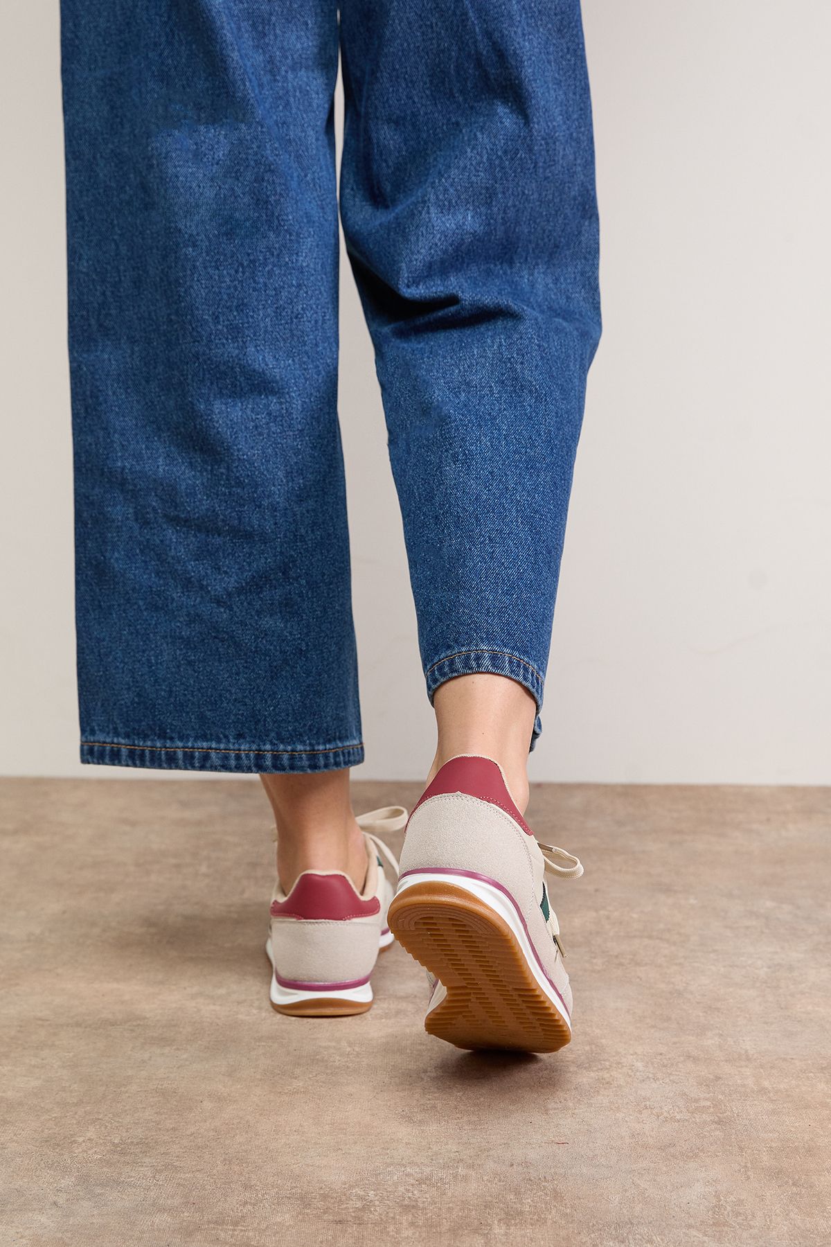 Oasis Ingrid Mixed Material Lace Up Trainers Beige image 3