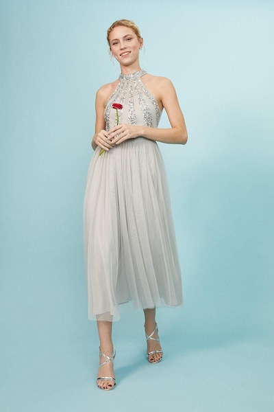 Coast Embellished Pleated Midi Dress Silver