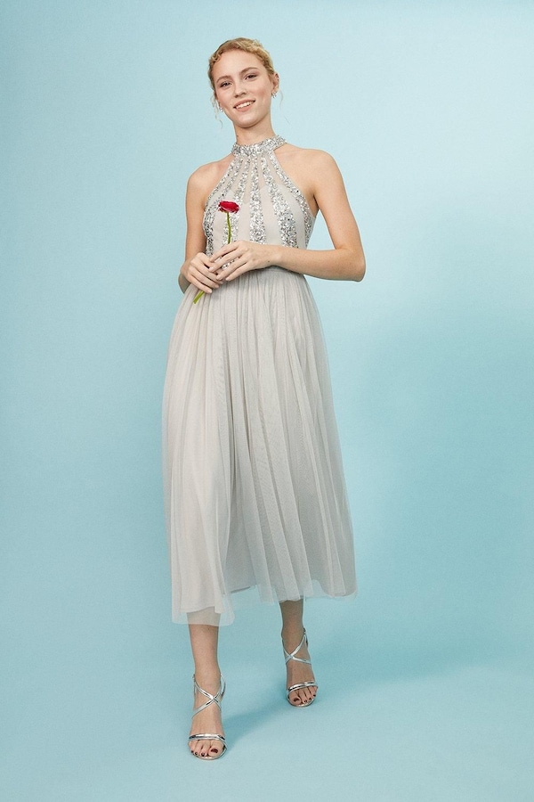 Coast Embellished Pleated Midi Dress Silver