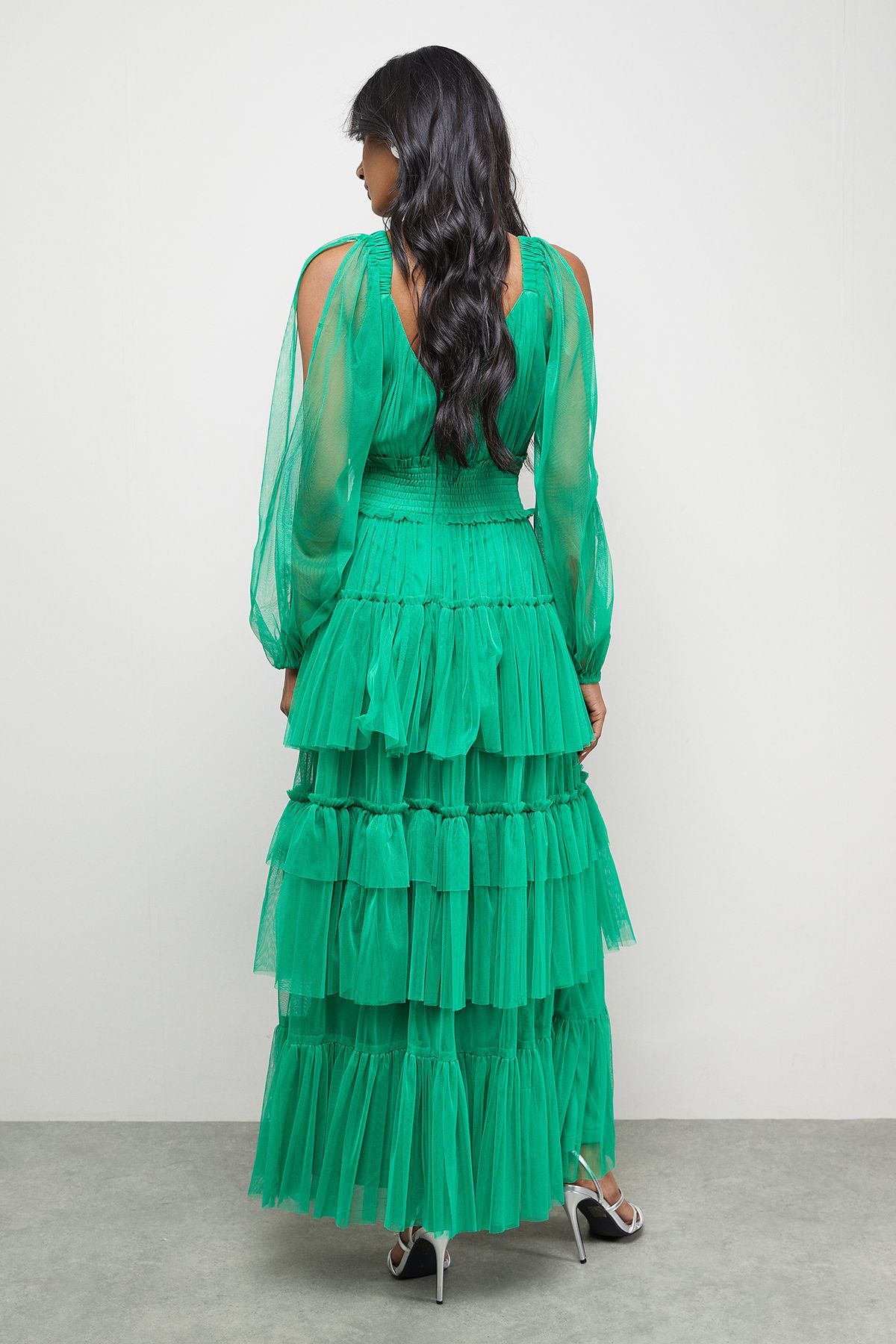 Warehouse Tulle Long Sleeve Cinched Waist Maxi Dress Green image 3