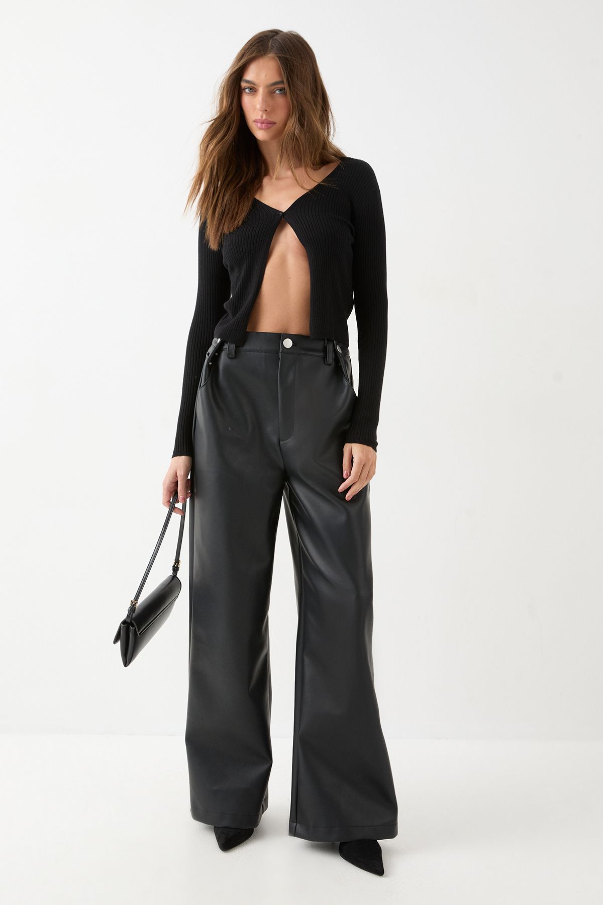 MissPap Rib Knit Button Front Top Black image 2