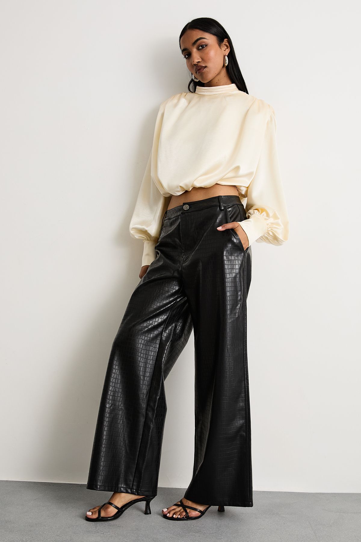 Warehouse Extreme Shoulder Draped Satin Blouse Cream image 2