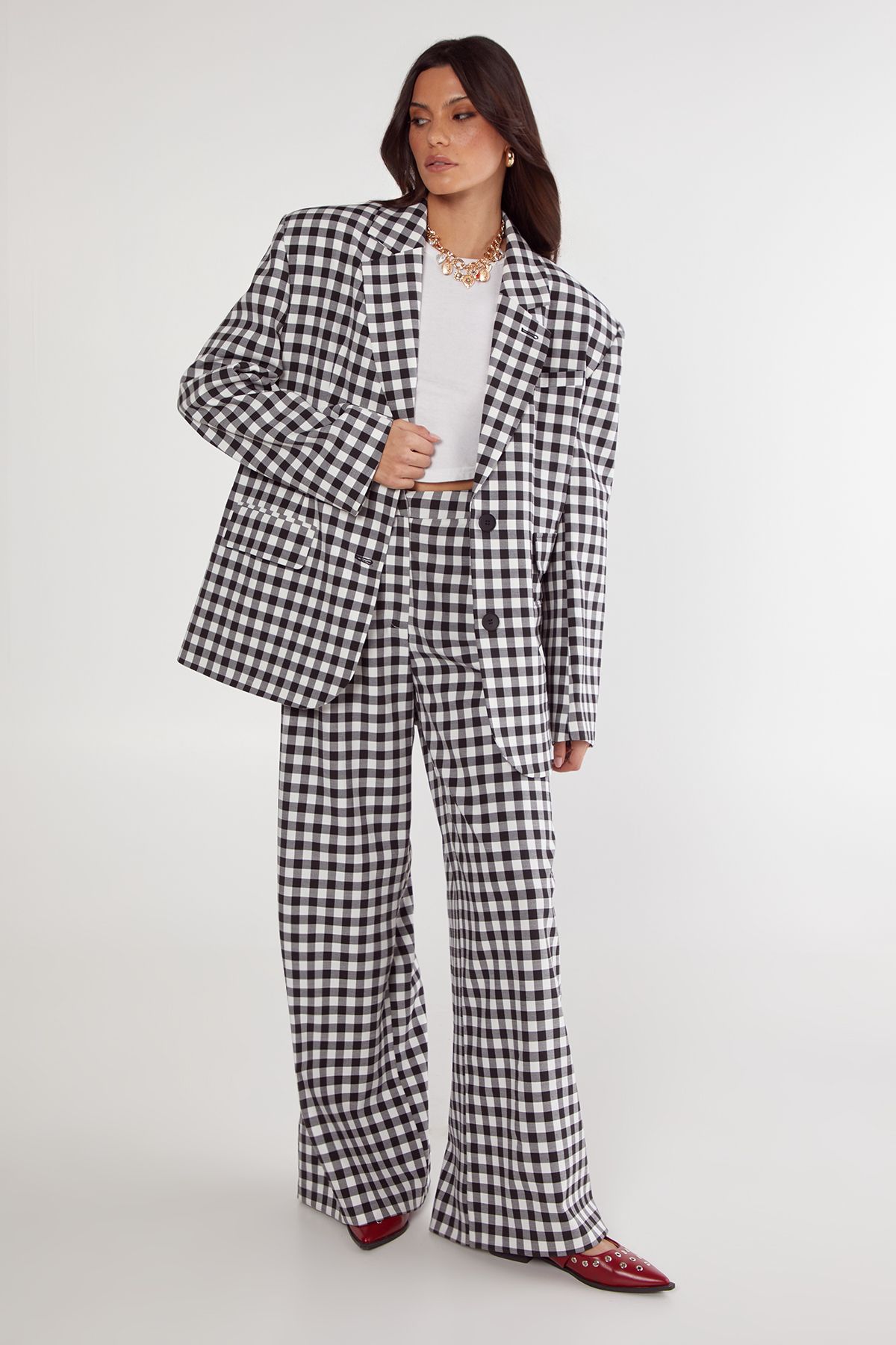NastyGal Gingham Tailored Wide Leg Pant Mono image 1