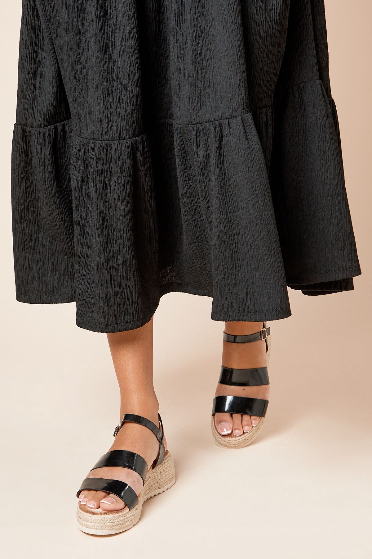 Dorothy Perkins Ringo Faux Leather Double Bar Medium Espadrille Wedge Sandals Black image 2