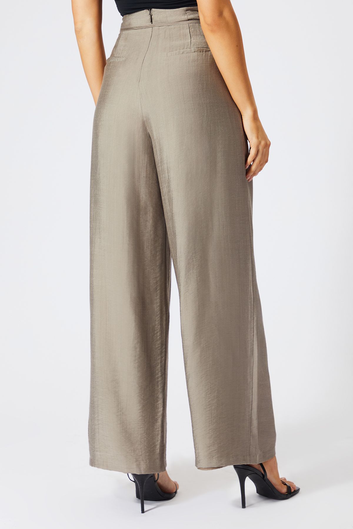 MissPap Linen Look Wide Leg Paper Bag Waist Trousers Taupe image 4