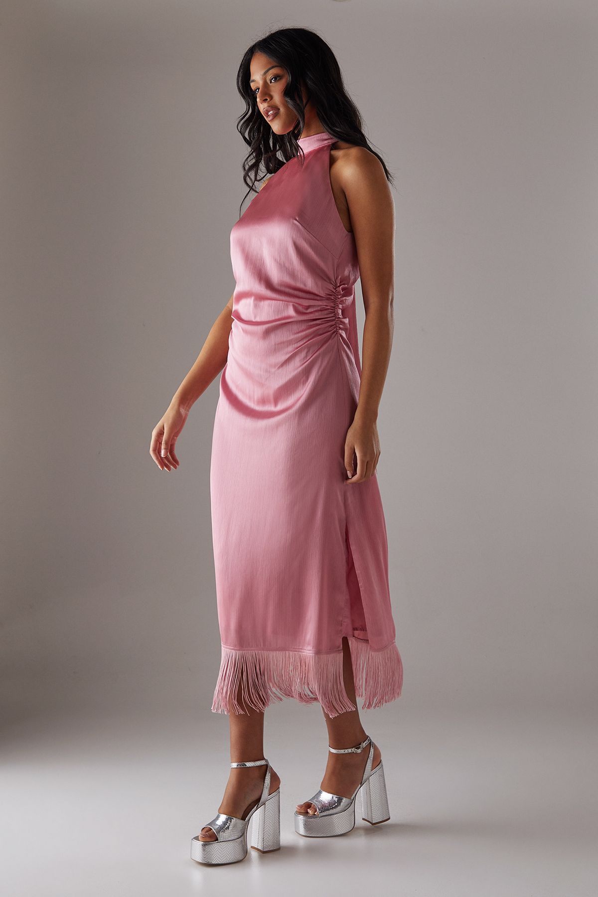 Warehouse Crinkle Satin Halter Fringe Midi Dress Dusty Rose image 1