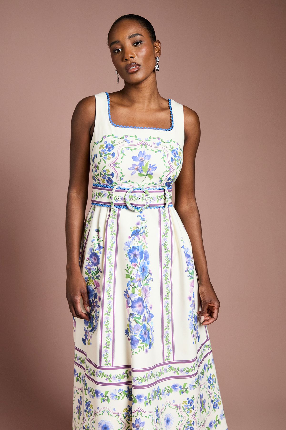 Coast Belted Floral Placement Print Full Skirted Cotton Midi Dress Ivory image 4