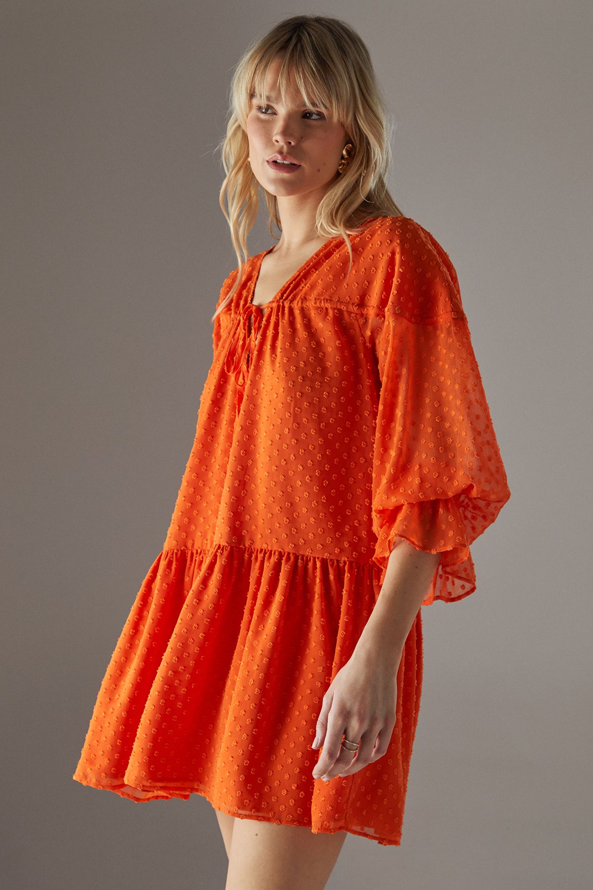 Warehouse Dobby Chiffon Volume Sleeve Smock Mini Dress Orange image 1