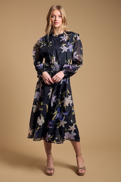 Oasis Floral Organza Shirred Waist Midi Dress Navy