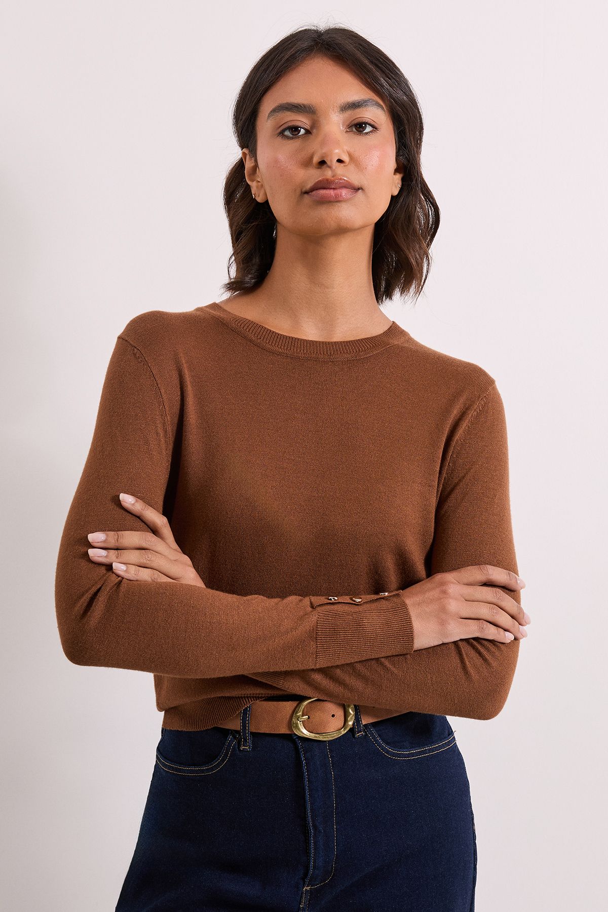 Dorothy Perkins Chocolate Crew Neck Button Cuff Jumper Chocolate image 1