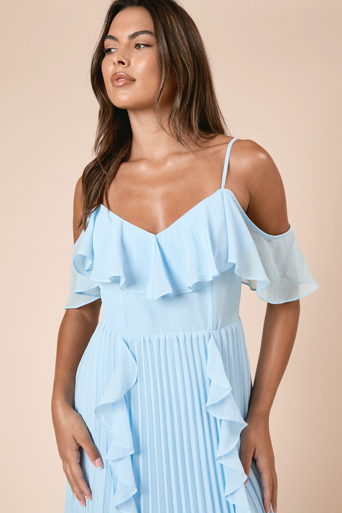 Dorothy Perkins DP Petite Luxe Ruffle Front Cold Shoulder Midi Dress Blue image 3