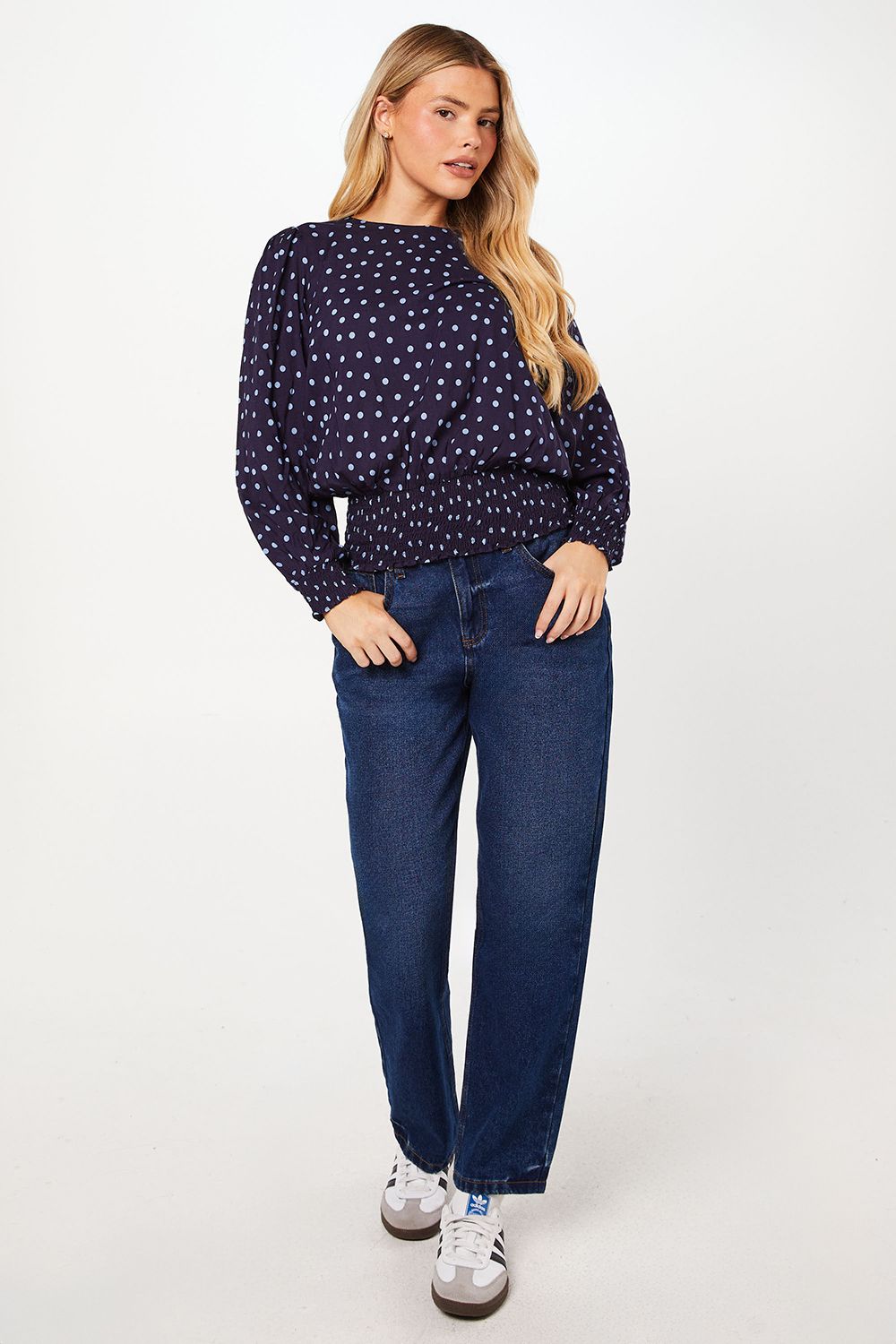 Dorothy Perkins Blue Spot Shirred Hem Long Sleeve Blouse Blue image 4