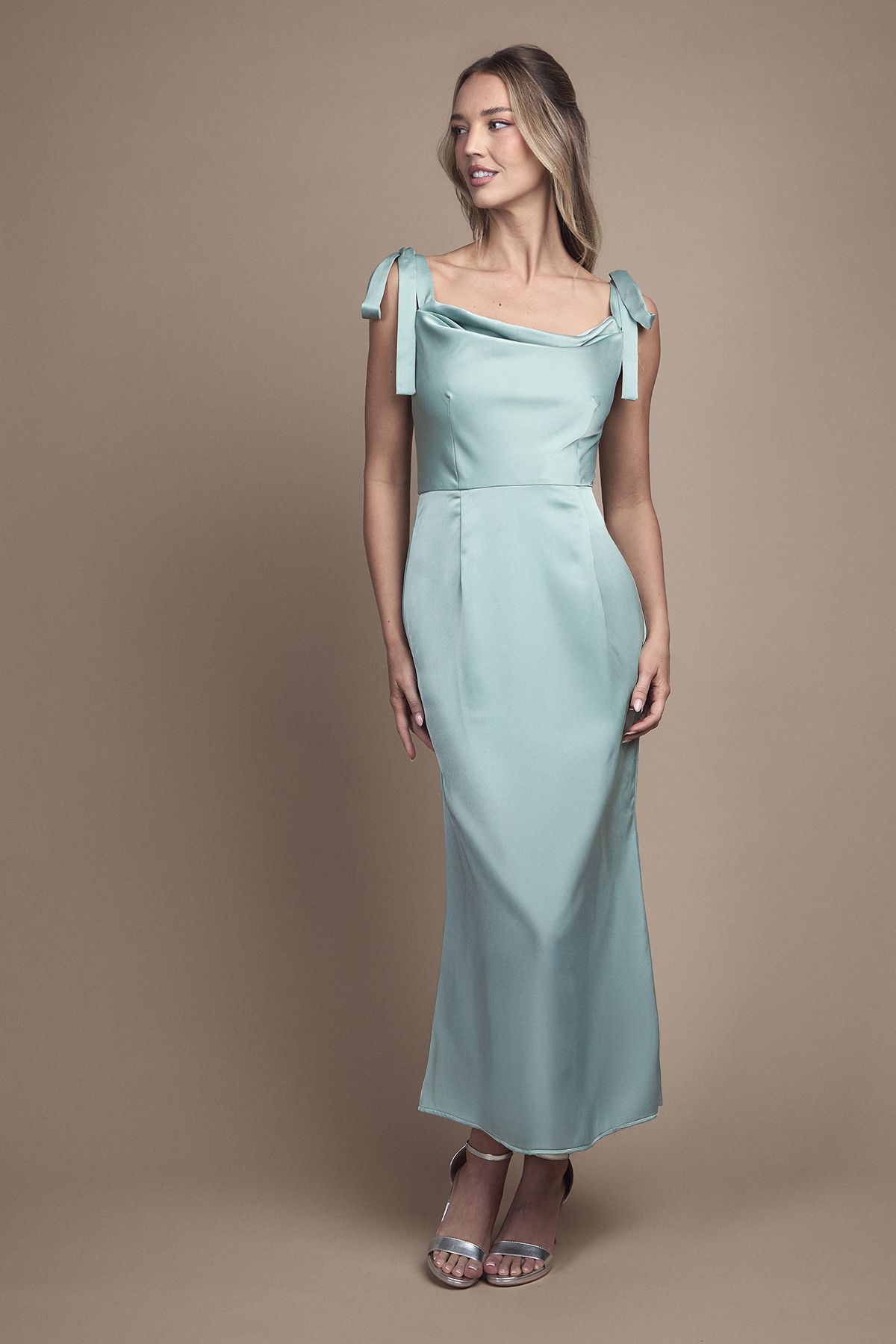 Oasis Satin Tie Shoulder Cowl Front Midi Bridesmaid Dress Sage image 1