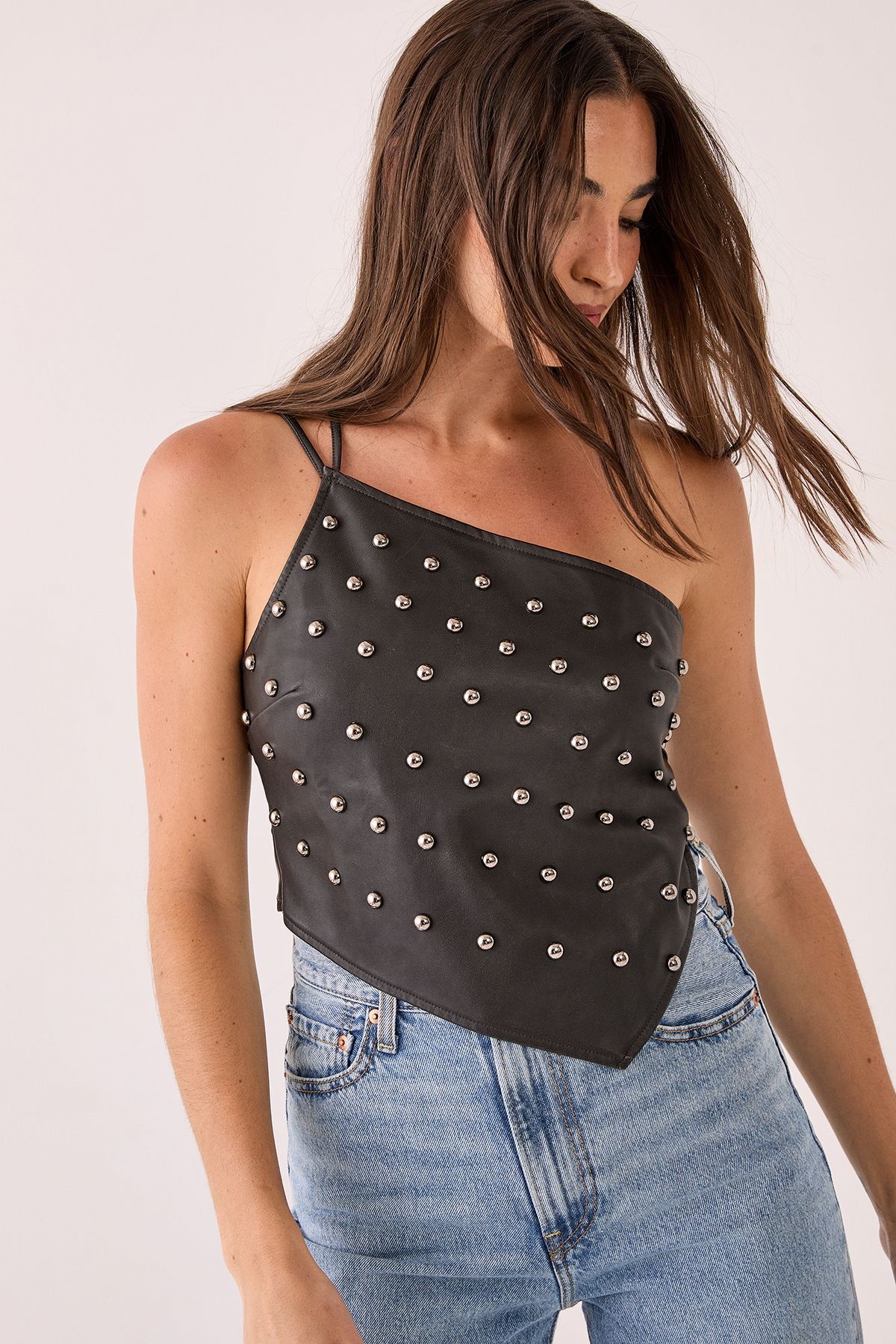 NastyGal Studded One Shoulder Faux Leather Top Black image 1