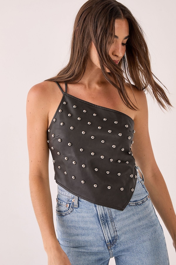 NastyGal Studded One Shoulder Faux Leather Top Black