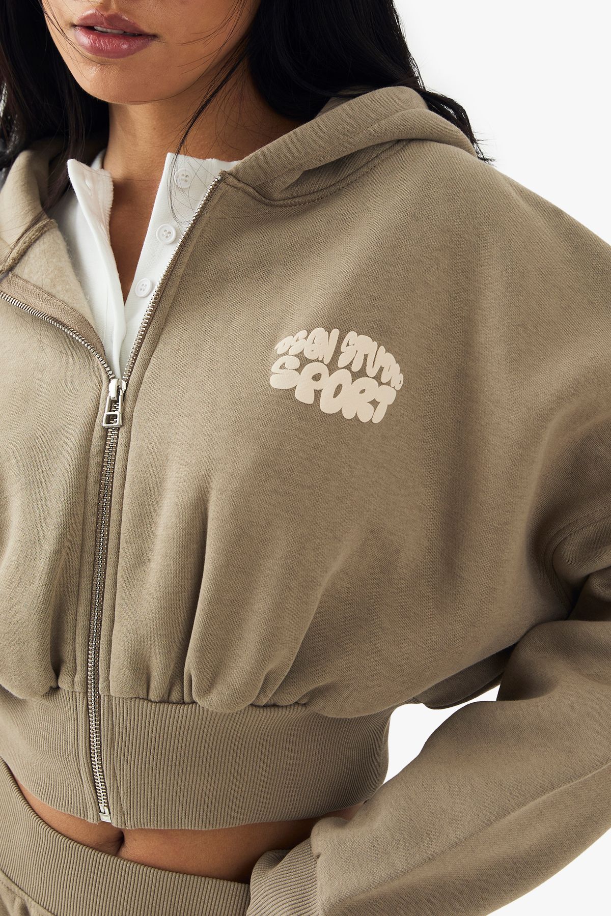 DSGN Studio DSGN Studio Sport Bubble Zip Through Boxy Crop Hoodie Washed Khaki image 4